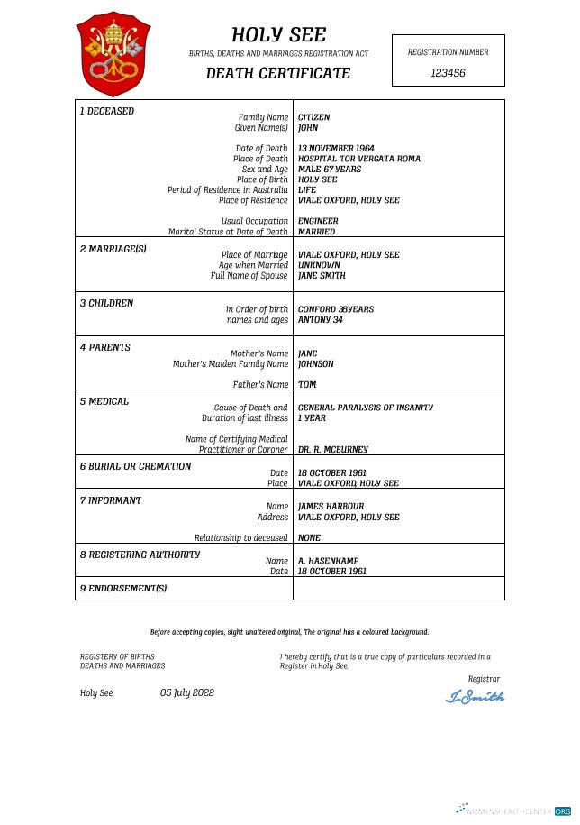 Download Holy See vital record death certificate Word and PDF template Photoshop template